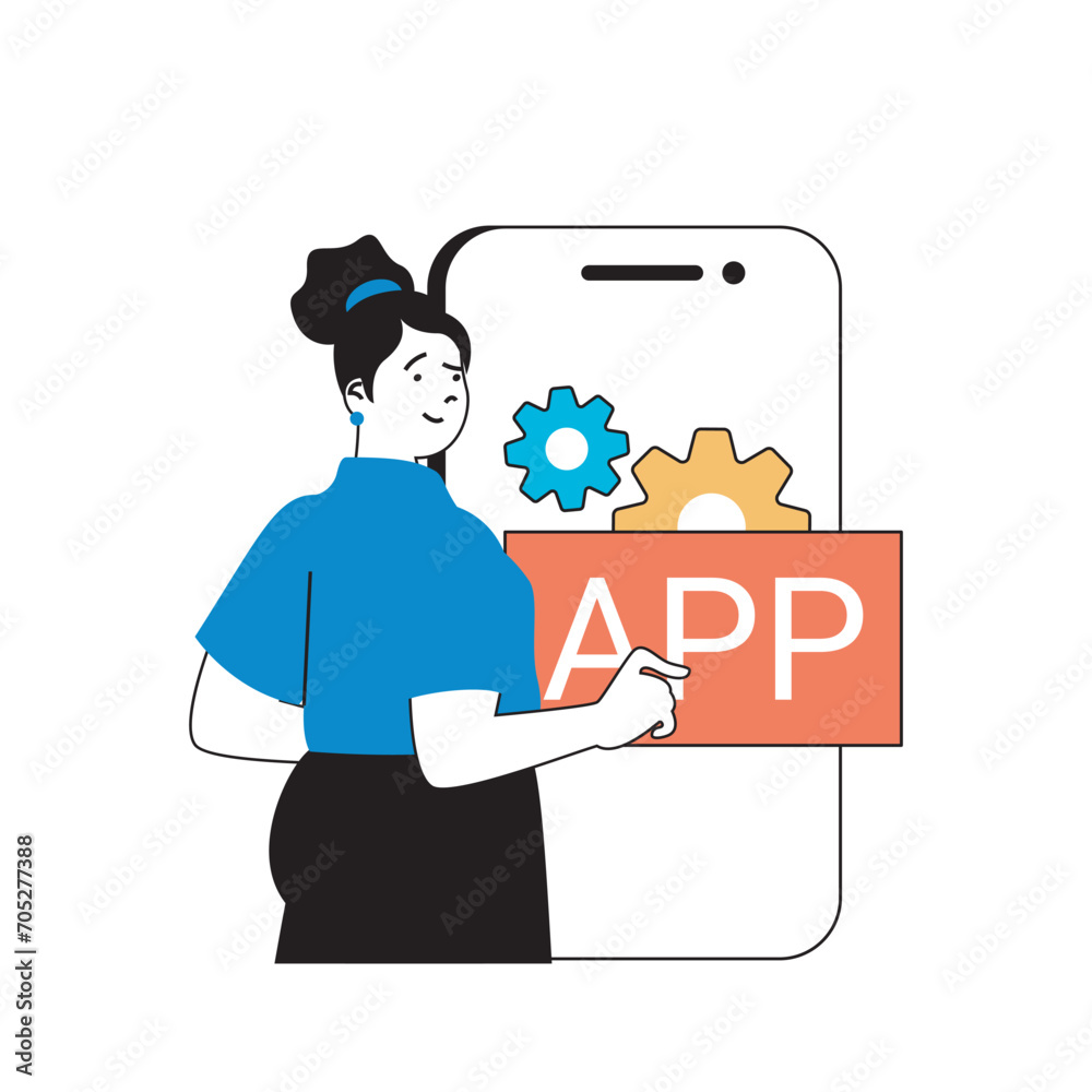 Fototapete programming concept with cartoon people in flat design for web. woman working as application develop