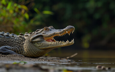 Obraz premium Crocodile, open mouth in the jungle. Generative AI