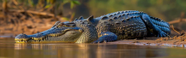 Poster Crocodile in the jungle panorama view. Generative AI © Nipawan