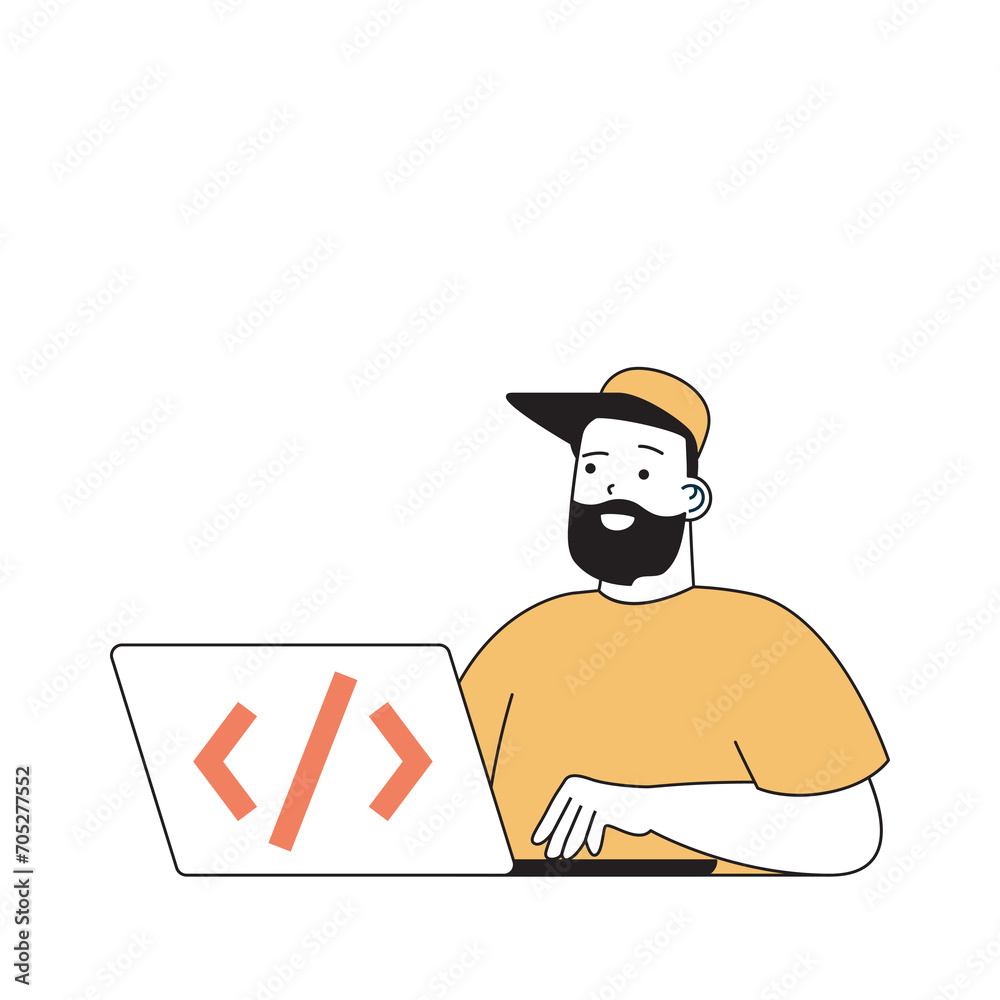 Aufkleber Programming concept with cartoon people in flat design for web. Man coding and engineering software, creating scripts and algorithms. Vector illustration for social media banner, marketing material.