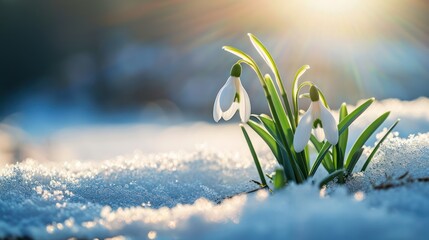 Beautiful snowdrop growing among the snow. Symbolizes the arrival of spring. Close-up. Springtime