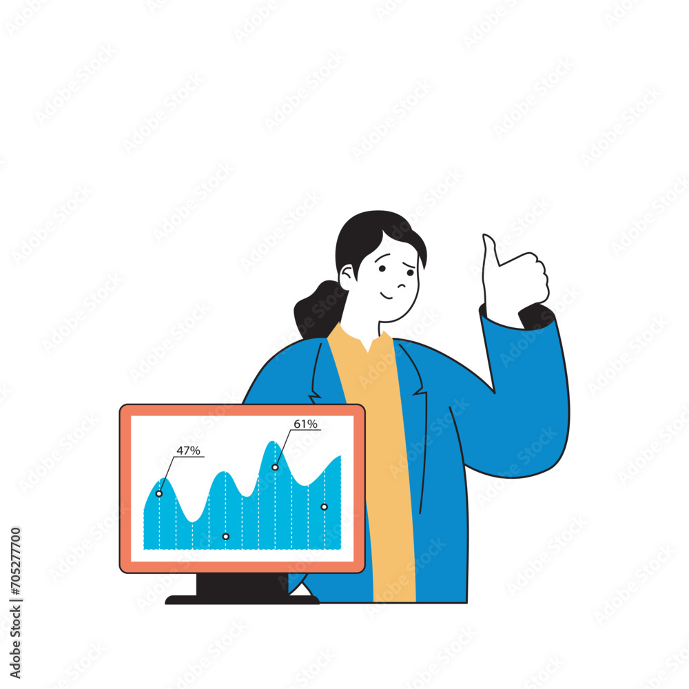 Aufkleber Programming concept with cartoon people in flat design for web. Woman analyzing data of user experience with new programs and apps. Vector illustration for social media banner, marketing material.