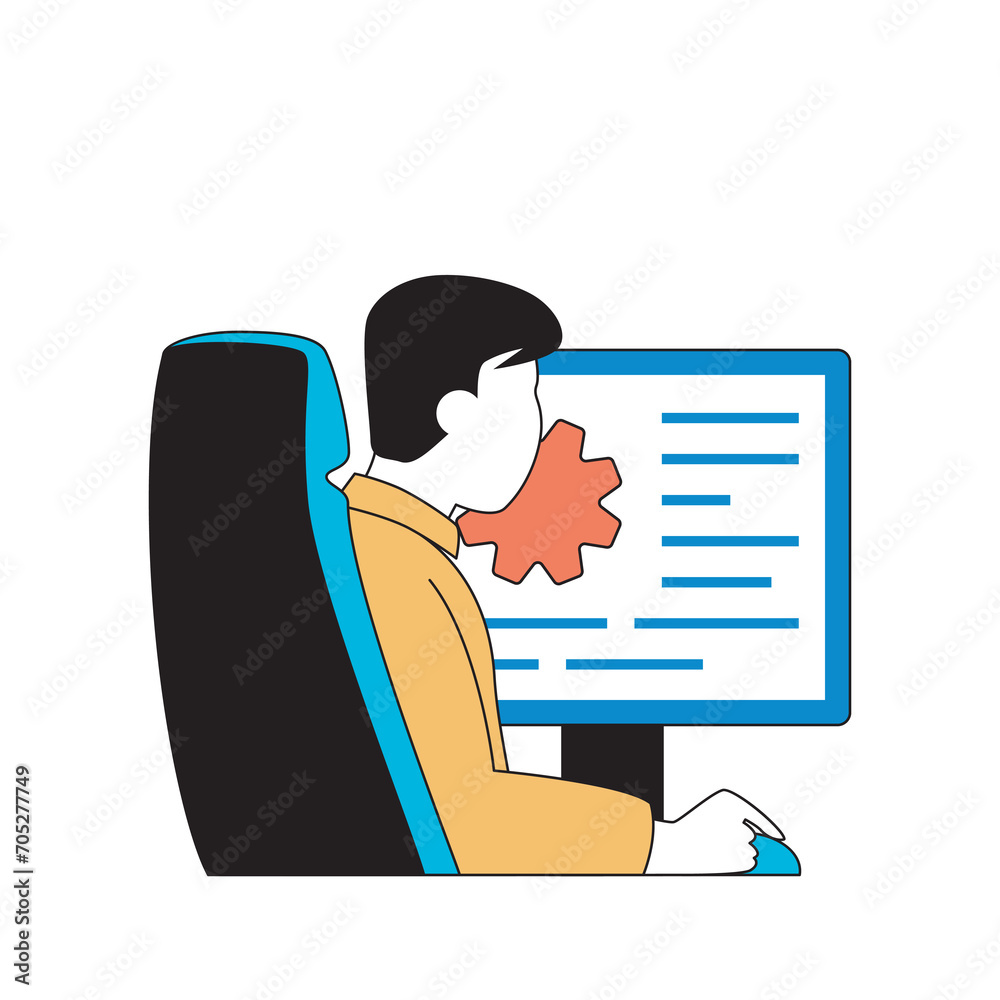 Poster programming concept with cartoon people in flat design for web. man coding and engineering programs,