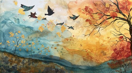 Image of Abstract forest with fall and spring leaves. Colorful seasons in the mystic woods. Stunning watercolor landscape oil painting. printed on Printed Glass Splashbacks