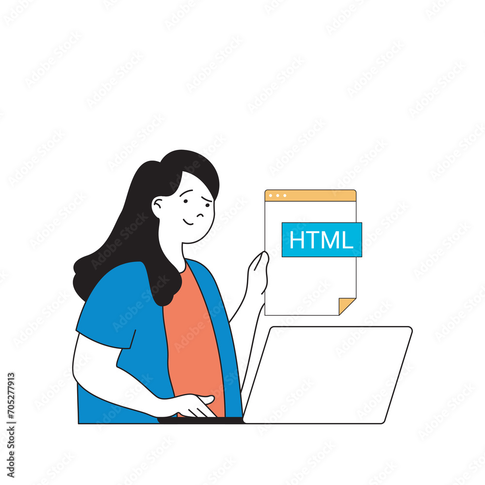 Aufkleber Programming concept with cartoon people in flat design for web. Woman working with code, coding on html, creating and releases product. Vector illustration for social media banner, marketing material.