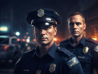 police officers, two men, one in uniform and the other not, with a police car behind in the background. realistic cinematic, on the street at night with cold lighting with warm lights. AI generated - obrazy, fototapety, plakaty