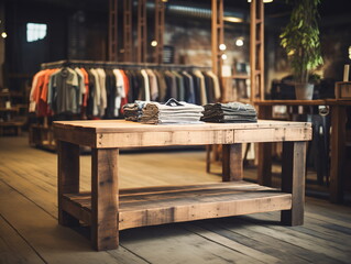 Rustic clothing store interior with folded clothes on a wooden table