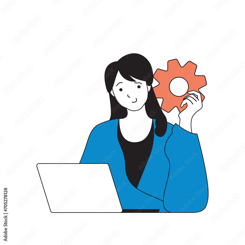 Aufkleber Programming concept with cartoon people in flat design for web. Woman working as programmer, creating software and solving problems. Vector illustration for social media banner, marketing material.