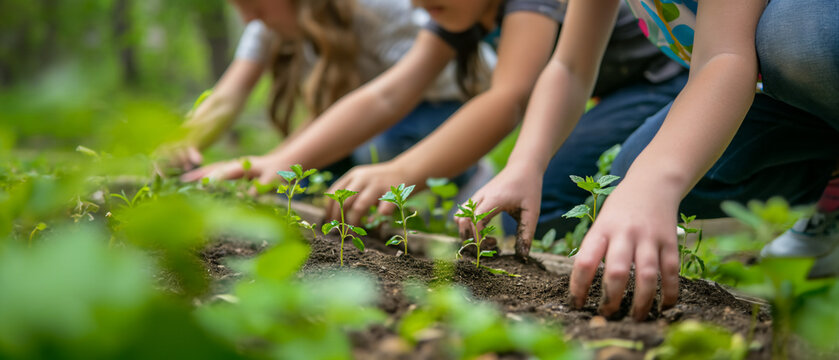 Kids at a community Park on Sunny Day tending to their plants and flowers with enthusiasm