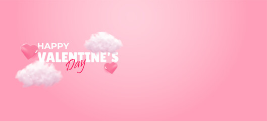 Happy Valentine's day background with realistic hearts and clouds. Pink background for product presentation. Holiday cover for sale template. Vector illustration