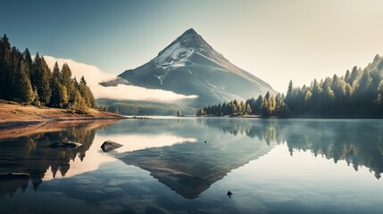 mountain at a calm lake in the morning - obrazy, fototapety, plakaty