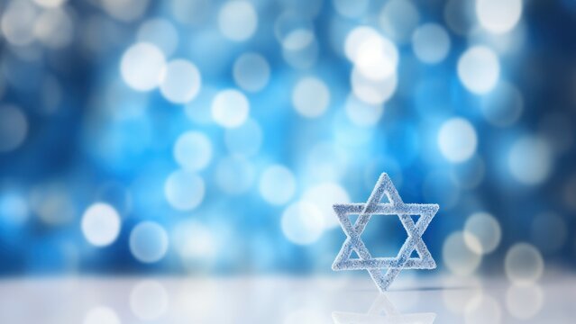 Frosty Star of David on a Shimmering Blue Bokeh Background, Horizontal Poster or Sign with Open Empty Copy Space for Text 
