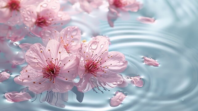 Beautiful photography of a, a pink cherry blossom branch floating in the water, transparent water