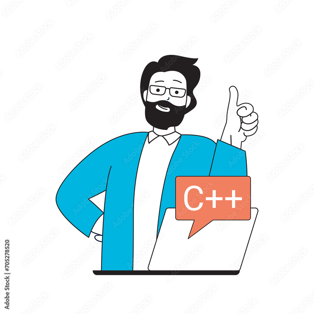 Poster programming concept with cartoon people in flat design for web. man works as programmer, creating ne