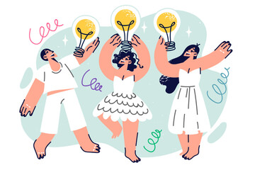 People with light bulbs dance, rejoicing at emergence of ideas after joint brainstorming