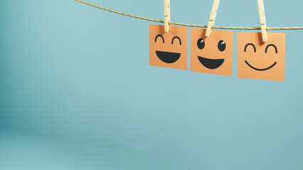 Representation in post-its papers of the feeling of accompaniment and happiness, soft light blue background, 3D illustration