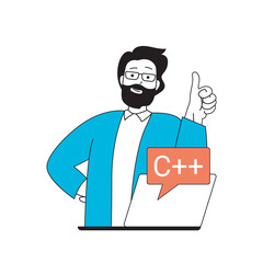 Programming concept with cartoon people in flat design for web. Man works as programmer, creating new software products in IT company. Vector illustration for social media banner, marketing material.