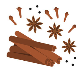 Cinnamon sticks, cloves and anise stars, set of spices for mulled wine or backing. Vector illustration. 
