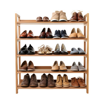 Many pairs organized on shoe rack isolated on white and transparent background