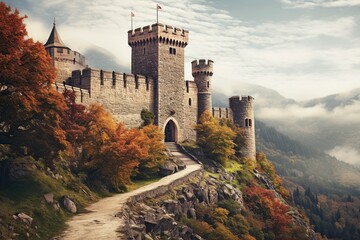 medieval castle where the imposing towers and stone walls stand out