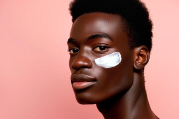 beautiful black man with hydrating white face cream swatch on the cheek, pastel peach fuzz background - obrazy, fototapety, plakaty