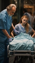 A nurse or a doctor takes care of a patient lying down, everyday life in a hospital