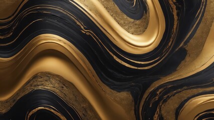 Black and gold marble abstract background. Decorative acrylic paint pouring rock marble texture. Horizontal Black and gold wavy abstract pattern.Created with Generative Ai technology