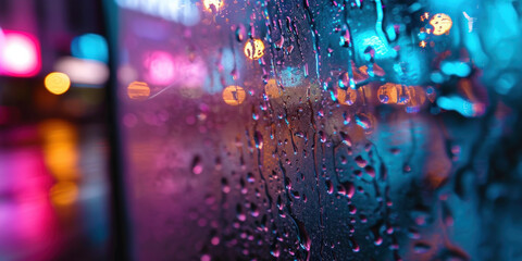 Rainy night paints urban streets with colorful reflections, car lights, and blurred cityscape textures.