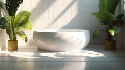 White round ceramic side table by bathtub, tropical banana tree in luxury design bathroom in dappled sunlight, leaf shadow on white tile wall for personal care, toiletries product display background, - obrazy, fototapety, plakaty