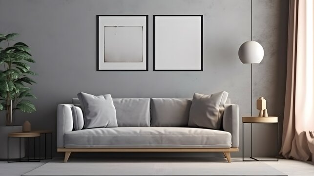 Blank picture frame mockup on gray wall. Modern living room design. View of modern loft style interior with sofa. Home staging and minimalism concept, Bright color, ultra realistic