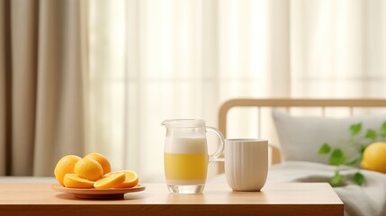 A glass pitcher and cup of orange juice on a table