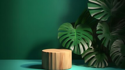 Realistic 3D render for products overlay. Blank log wood stool table among tropical monstera plants with sunlight, beautiful leaves shadow on green wall in background. Mock up, Display, Podium, Stand, - obrazy, fototapety, plakaty