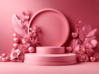 Pink podium display background for product. Symbols of love for Happy Women's, Mother's, Valentine's Day, birthday.  IA Generate 
