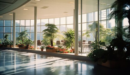 atrium with tropical plants and large windows - obrazy, fototapety, plakaty
