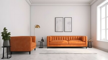 White wall interior living room have orange leather sofa and decoration minimal, Bright color, ultra realistic