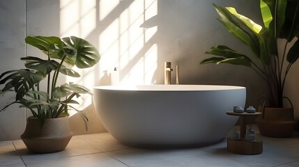 White round side table, bathtub, counter and tropical plant in modern and luxury bathroom with sunlight and leaf shadow on granite tile wall for personal care and toiletries product display, Bright co - obrazy, fototapety, plakaty