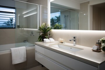 Fototapeta na wymiar Modern bathroom interior with large mirror and double vanity
