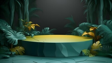 Concrete podium in tropical forest for product presentation in swamp, Bright color, ultra realistic
