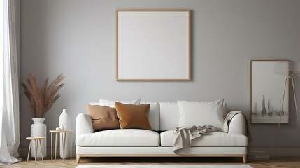 Fototapeta na wymiar Blank picture frame mockup on gray wall. White living room design. View of modern scandinavian style interior with artwork mock up on wall. Home staging and minimalism concept, Bright color, ultra rea