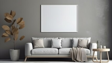 Blank picture frame mockup on gray wall. White living room design. View of modern scandinavian style interior with artwork mock up on wall. Home staging and minimalism concept, Bright color, ultra rea - obrazy, fototapety, plakaty