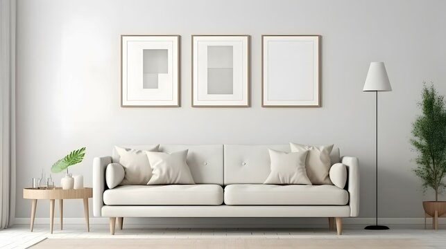 Blank picture frame mockup on white wall. Modern living room design. View of scandinavian style interior with sofa. Two horizontal templates for artwork, painting, photo or poster, Bright color, ultra