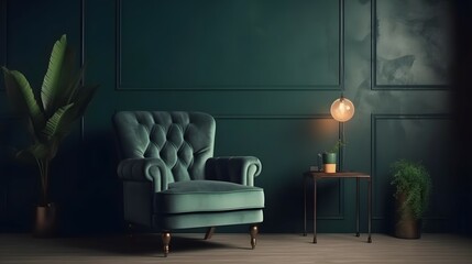 Style loft interior with gray armchair on empty dark green wall background, Bright color, ultra realistic