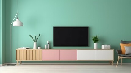 Living room with cabinet for TV in two tone color wall,minimalist muji style, Bright color, ultra realistic