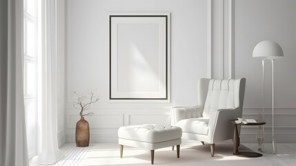 Fototapeta na wymiar Blank picture frame mockup on white wall. White living room design. View of modern scandinavian style interior with chair. Home staging and minimalism concept, Bright color, ultra realistic