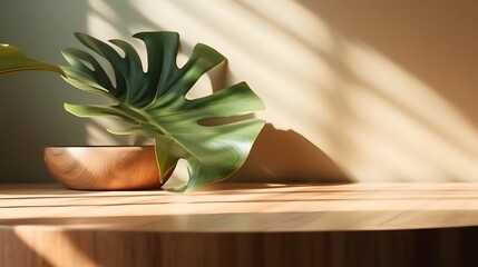 Wooden table counter top with green tropical plant leaf and beautiful sun light and shadow on beige wall for luxury beauty, organic, health, cosmetic, jewelry fashion product display background, Brigh