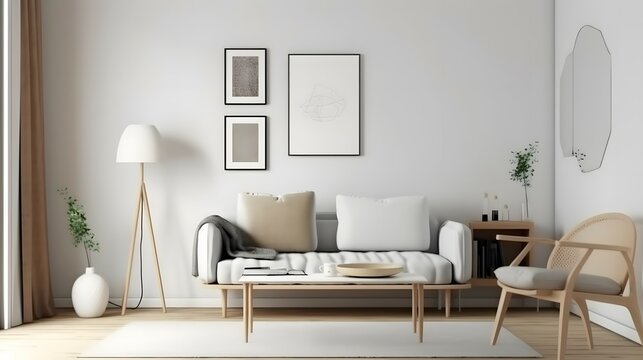 Blank picture frame mockup on gray wall. White living room design. View of modern scandinavian style interior with artwork mock up on wall. Home staging and minimalism concept, Bright color, ultra rea