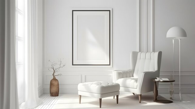 Blank picture frame mockup on white wall. White living room design. View of modern scandinavian style interior with chair. Home staging and minimalism concept, Bright color, ultra realistic