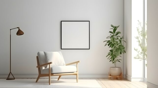 Blank picture frame mockup on white wall. White living room design. View of modern scandinavian style interior with artwork mock up on wall. Home staging and minimalism concept, Bright color, ultra re