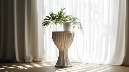 White wooden round side table with tropical plant, blowing white curtain in beautiful sunlight, leaf shadow on white wall for luxury beauty, organic, health, cosmetic, jewelry fashion product display,