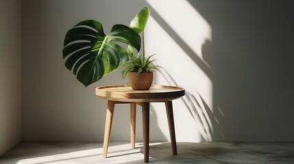 Wooden round side table with green tropical plant leaves with beautiful sun light and shadow on white wall. 3D render product display for nature, organic, spa, health, cosmetic, beauty background, Bri
